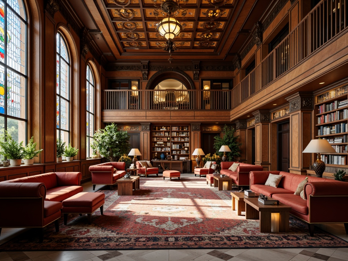 Prompt: Grandiose library, ornate Art Deco details, lavish furnishings, plush velvet armchairs, polished wooden tables, intricately carved bookshelves, elegant reading lamps, luxurious marble floors, majestic high ceilings, stunning stained-glass windows, vibrant colorful rugs, sophisticated metal accents, geometric patterned walls, warm golden lighting, shallow depth of field, 1/1 composition, symmetrical framing, realistic textures, ambient occlusion.