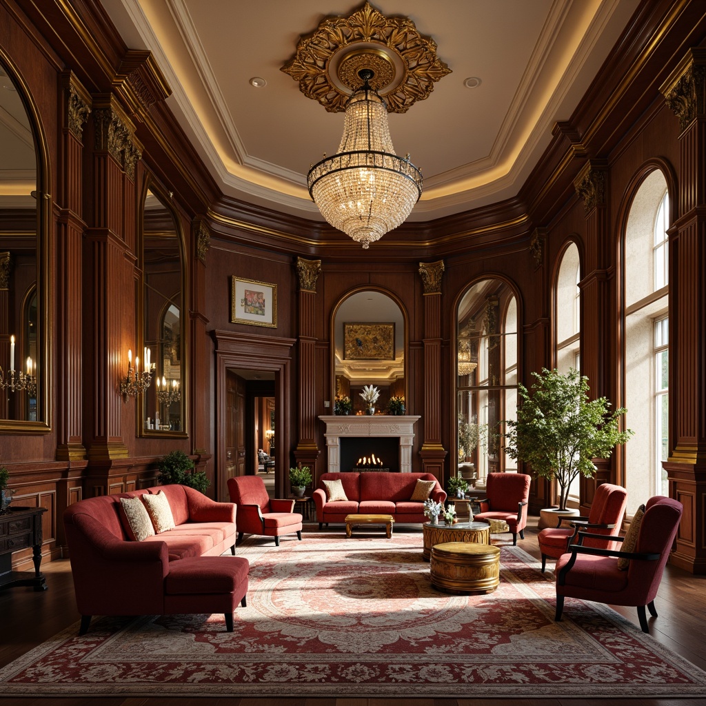 Prompt: Elegant neoclassical interior, ornate furnishings, curved lines, luxurious fabrics, rich wood tones, polished bronze accents, crystal chandeliers, tufted sofas, velvet armchairs, carved wooden cabinets, intricately patterned rugs, grand pianos, marble fireplaces, high ceilings, symmetrical compositions, soft warm lighting, subtle shading, 1/1 composition, realistic textures, ambient occlusion.