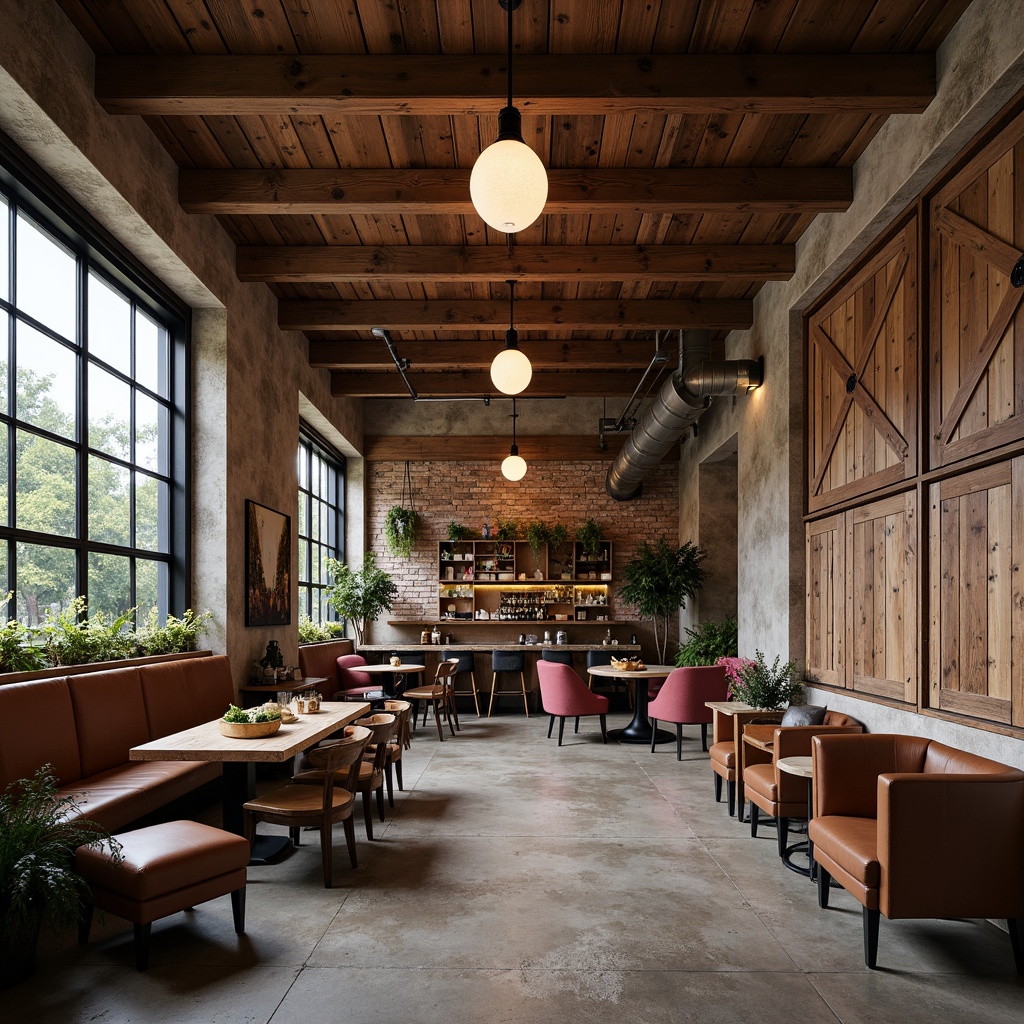 Prompt: Rustic wooden accents, reclaimed barn wood, distressed metal beams, vintage industrial lighting, earthy color palette, natural stone walls, rich leather upholstery, ornate metalwork, eclectic decorative artifacts, urban loft atmosphere, exposed ductwork, polished concrete floors, warm ambient glow, shallow depth of field, 1/2 composition, realistic textures, subtle color grading.