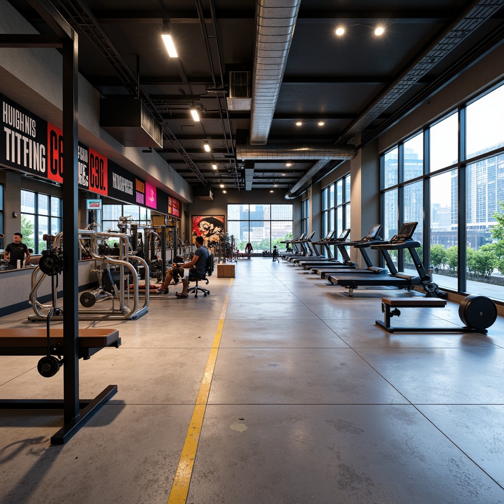 Prompt: Modern fitness center, industrial-style decor, exposed ductwork, polished concrete floors, mirrored walls, state-of-the-art equipment, sleek metal frames, vibrant color accents, motivational quotes, high ceilings, abundant natural light, floor-to-ceiling windows, urban cityscape views, dynamic lighting system, 1/2 composition, shallow depth of field, realistic reflections.