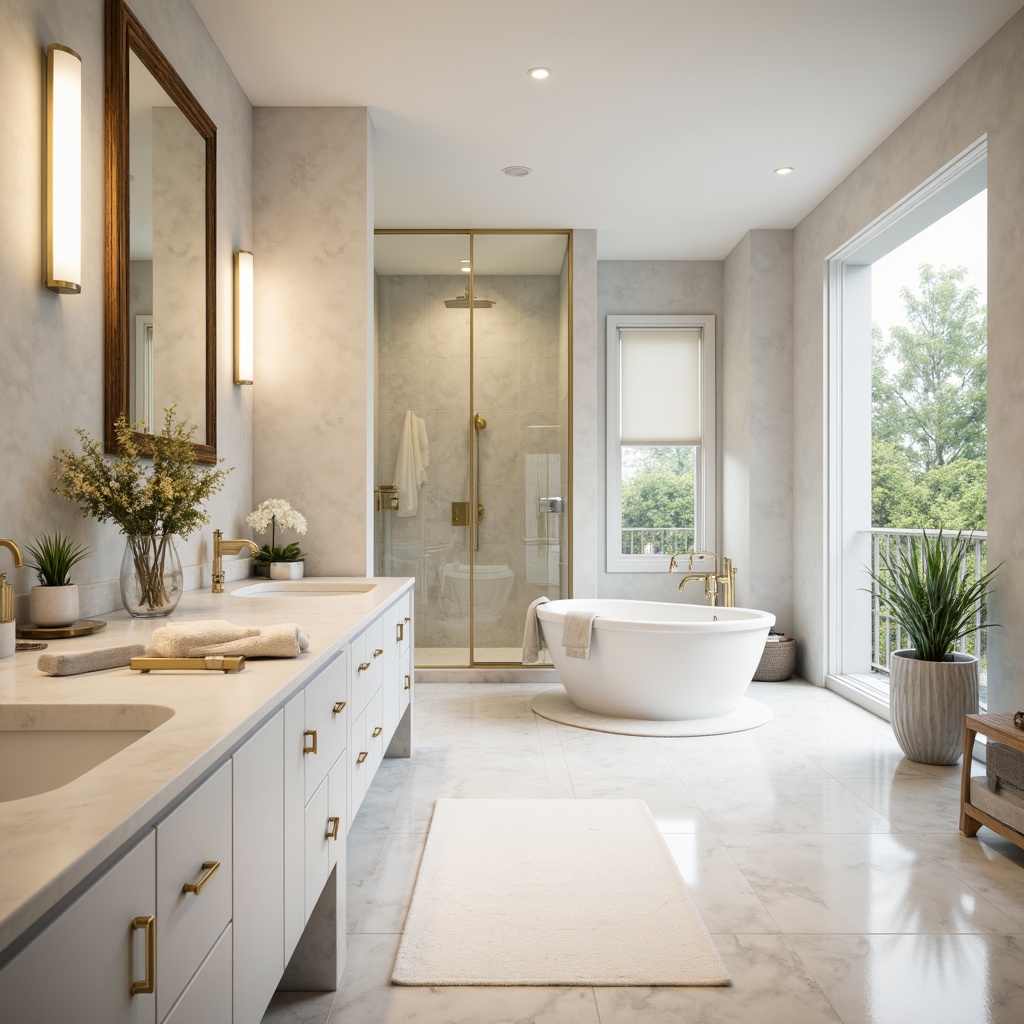 Prompt: Soft pastel hues, creamy whites, warm beige tones, calming blues, gentle greens, elegant marble countertops, luxurious gold accents, sleek chrome fixtures, spacious walk-in shower, freestanding tub, rainfall showerhead, ambient warm lighting, soft focus, shallow depth of field, 2/3 composition, realistic textures, subtle reflections.