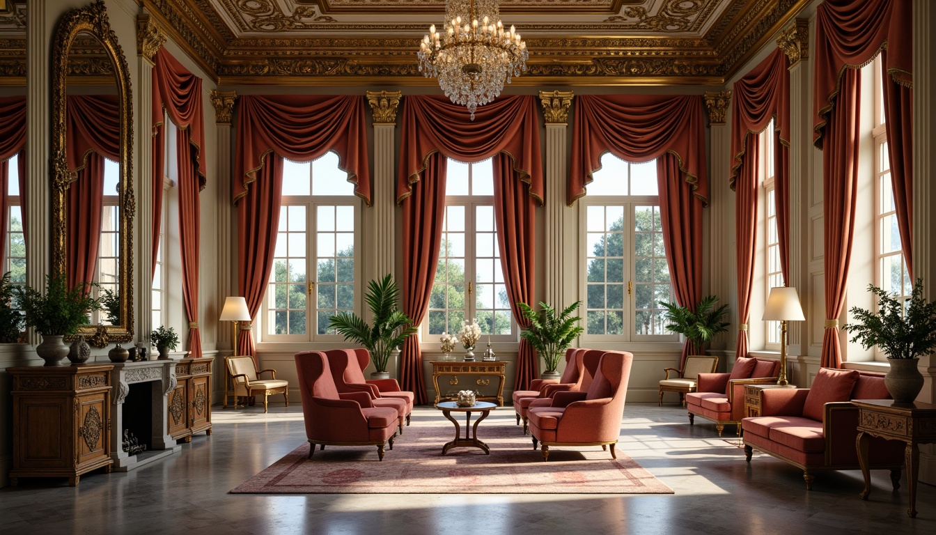 Prompt: Elegant neoclassical interior, ornate mirrors, carved wooden furniture, velvet upholstery, gilded accents, crystal chandeliers, marble floors, stately columns, high ceilings, symmetrical composition, classical proportions, luxurious fabrics, subtle color palette, soft warm lighting, shallow depth of field, 2/3 composition, realistic textures, ambient occlusion.