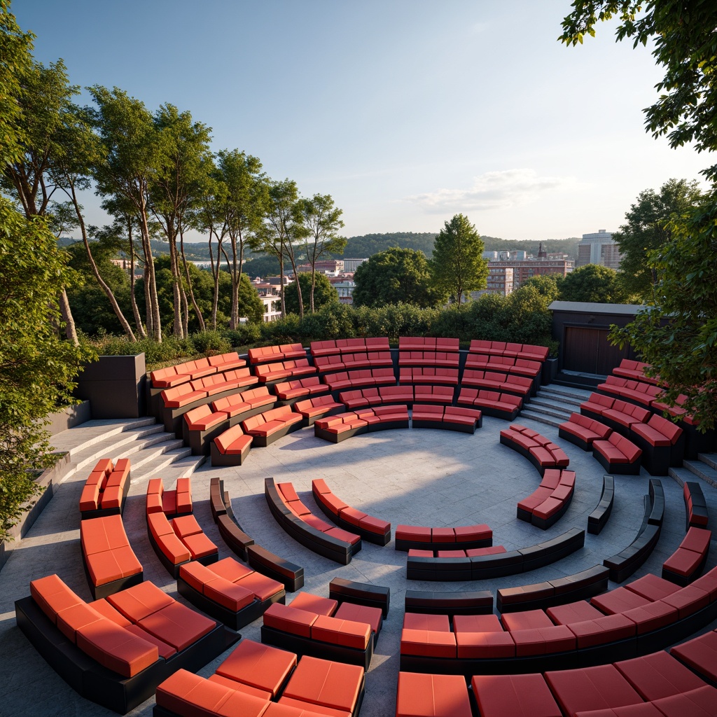 Prompt: Modern amphitheater, circular seating arrangement, tiered levels, comfortable cushions, sleek metal frames, vibrant colored upholstery, ambient LED lighting, shallow depth of field, 3/4 composition, panoramic view, realistic textures, soft warm atmosphere, sunny day, gentle breeze, open-air setting, lush greenery surroundings, scenic views, innovative acoustic designs, sound-absorbing materials, minimalist architecture, futuristic curves, angular lines, modernist style.