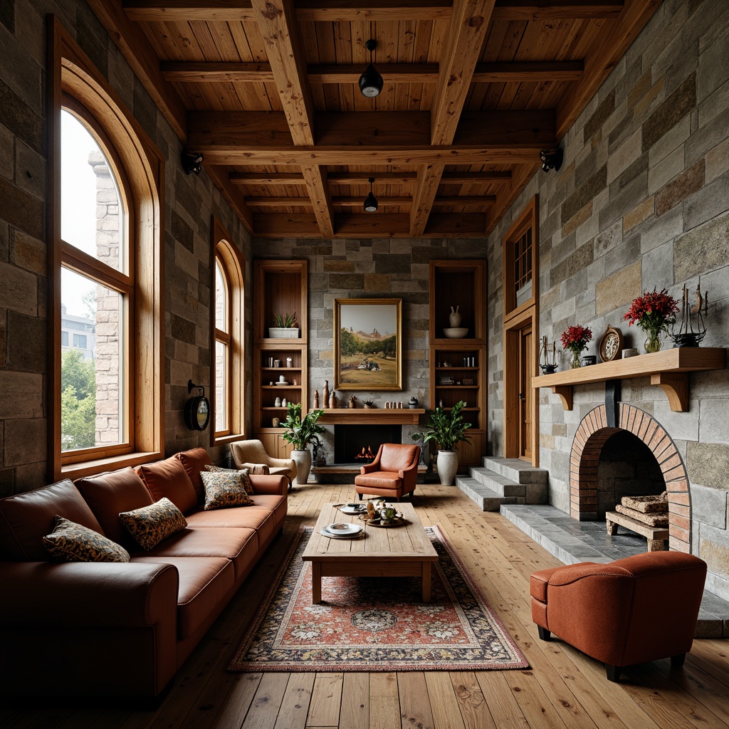 Prompt: Rustic wooden accents, natural stone walls, earthy color palette, handcrafted ornaments, distressed finishes, vintage metalware, ornate trims, carved wooden panels, stained glass windows, cozy fireplaces, plush furnishings, warm ambient lighting, shallow depth of field, 2/3 composition, soft focus, realistic textures, ambient occlusion.