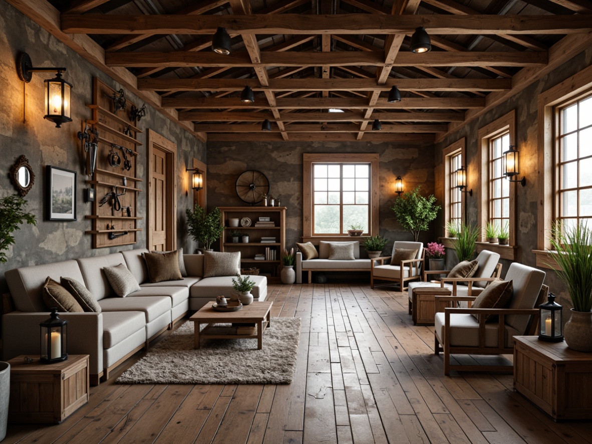 Prompt: Rustic farmhouse, exposed wooden beams, distressed wood accents, metal roofing, vintage farm tools, earthy color palette, natural stone walls, reclaimed wood flooring, industrial-style lighting, metal lanterns, wooden crates, potted greenery, cozy nooks, plush textiles, warm ambient lighting, shallow depth of field, 1/1 composition, soft focus, realistic textures.