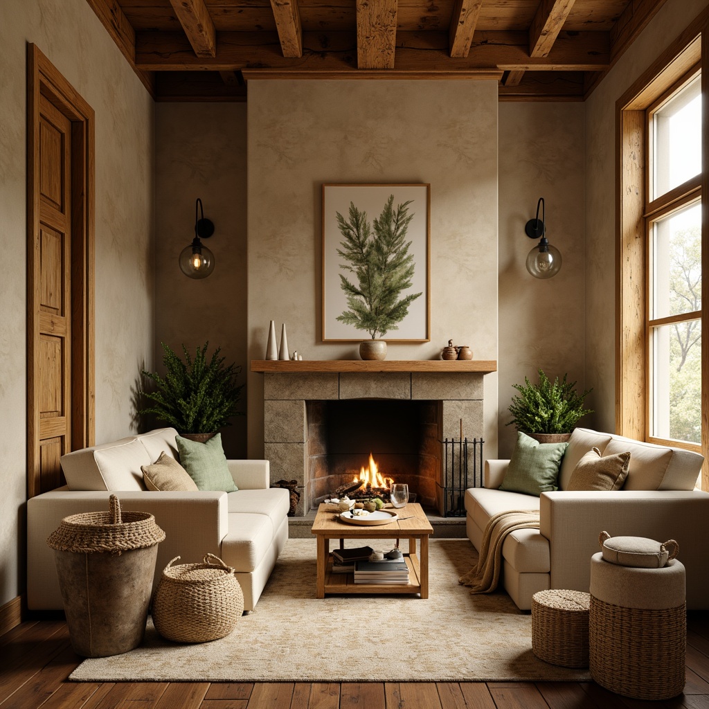 Prompt: Warm beige walls, rich wood accents, soft velvet fabrics, earthy terracotta tones, muted sage greens, creamy whites, golden lighting, cozy fireplaces, rustic wooden furniture, woven baskets, natural linen textiles, vintage metallic decorations, subtle grunge patterns, atmospheric misty effects, shallow depth of field, 2/3 composition, warm color grading, inviting ambiance.