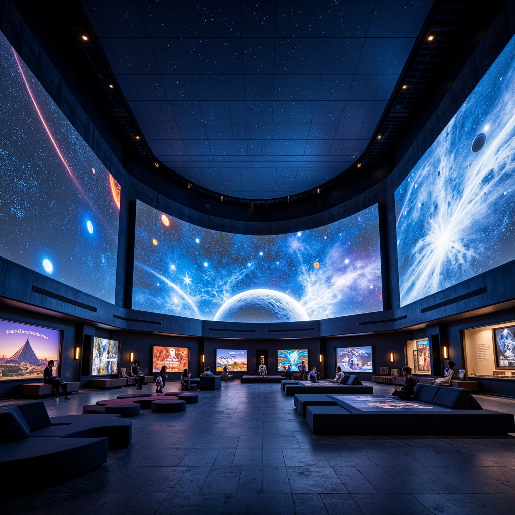 Prompt: Cosmic planetarium interior, textured walls, dark blue ceilings, starry night sky projections, dome-shaped screens, comfortable seating areas, soft cushioning, futuristic architecture, ambient lighting effects, 3D visualization systems, surround sound speakers, astronomical exhibits, interactive displays, educational signage, celestial body models, space-themed decorations, nebula-inspired color schemes, dynamic light shows, realistic soundscapes.