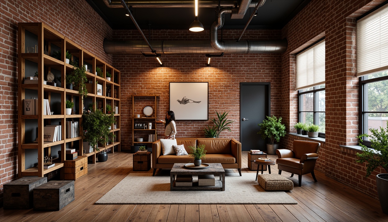 Prompt: Exposed brick walls, wooden floorboards, metal beams, industrial-style lighting fixtures, reclaimed wood shelves, metal-framed bookcases, vintage factory chairs, distressed leather sofas, wooden crates, metal coffee tables, exposed ductwork, urban loft atmosphere, warm color palette, softbox lighting, shallow depth of field, 1/1 composition, realistic textures, ambient occlusion.