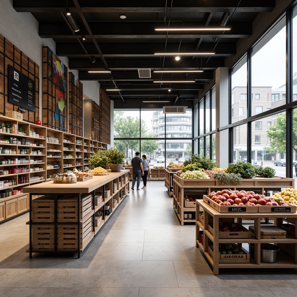 Prompt: Minimalist grocery store interior, industrial chic shelving units, reclaimed wood accents, polished metal frames, geometric glass shelves, LED lighting strips, neutral color palette, clean lines, open spaces, minimalist signage, modern product displays, fresh produce stands, artisanal food sections, rustic wooden crates, concrete floors, urban industrial atmosphere, high ceilings, natural light pouring in, shallow depth of field, 3/4 composition, panoramic view, realistic textures, ambient occlusion.