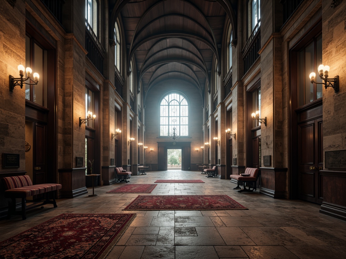 Prompt: Intricate stone flooring, ornate tile patterns, dark hardwood planks, richly polished wood, medieval-inspired rugs, grand high ceilings, stained glass windows, pointed arches, ribbed vaults, flying buttresses, mysterious ambiance, dim warm lighting, atmospheric fog, dramatic shadows, symmetrical composition, wide-angle lens, high dynamic range.