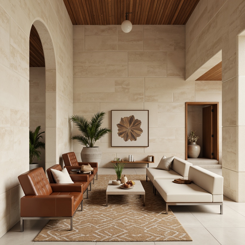 Prompt: Minimalist monastery interior, creamy stone walls, warm wooden accents, sleek modern furniture, low-profile sofas, tufted leather armchairs, polished metal legs, geometric-patterned rugs, abstract artwork, serene atmosphere, soft diffused lighting, 1/1 composition, realistic textures, ambient occlusion, natural wood tones, subtle color palette, calm ambiance, contemplative mood, elegant simplicity, streamlined silhouette, luxurious fabrics, refined details.