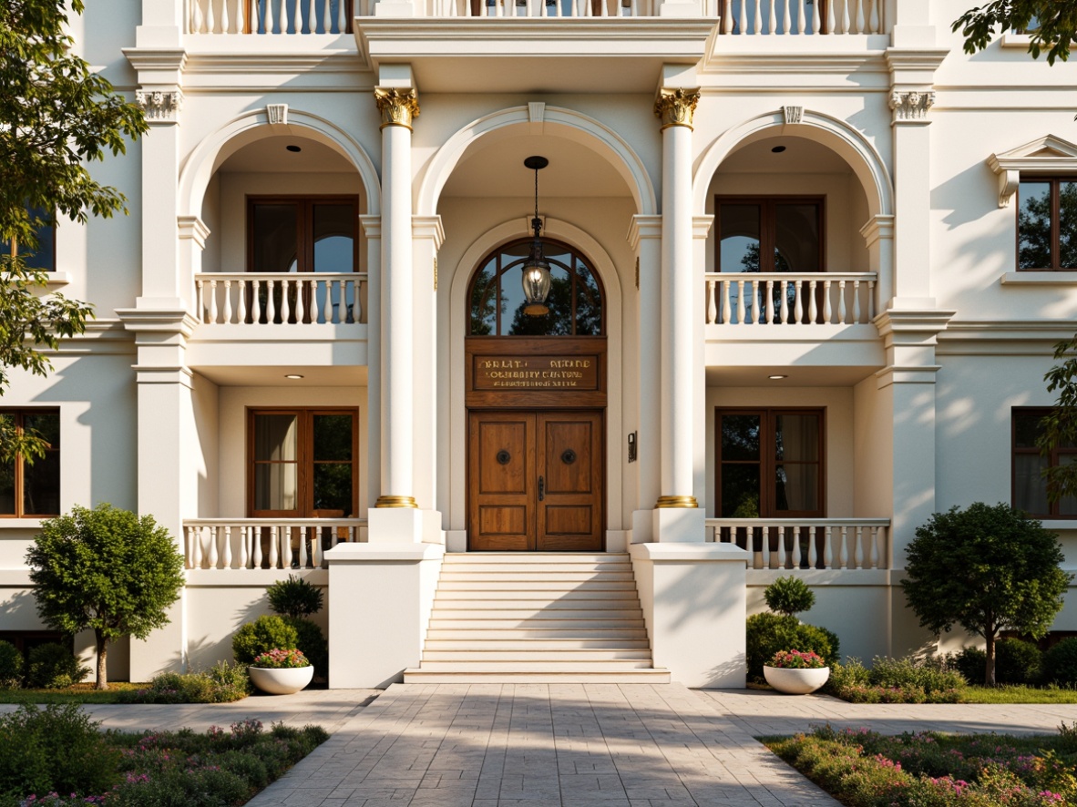 Prompt: Grand entrance, ornate columns, classical arches, symmetrical facade, creamy white marble, polished bronze doors, elegant lanterns, sweeping staircases, intricate moldings, decorative pediments, community center signage, lush greenery, vibrant flower arrangements, natural stone walkways, rustic brick paving, soft warm lighting, shallow depth of field, 3/4 composition, panoramic view, realistic textures, ambient occlusion.