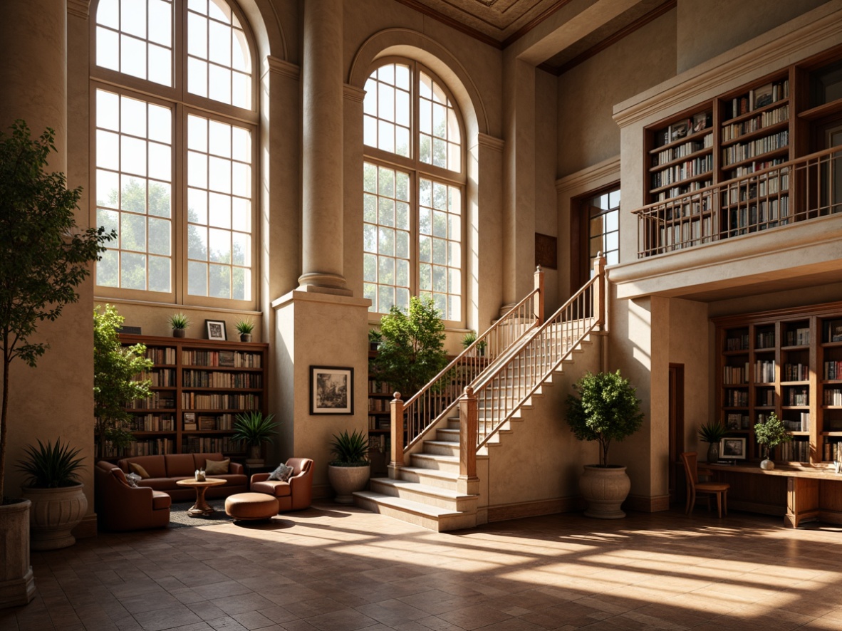 Prompt: Classic university building, grand staircase, ornate columns, warm beige stone walls, large arched windows, soft natural lighting, elegant wooden flooring, vintage-inspired furniture, cozy reading nooks, rustic bookshelves, subtle texture overlays, realistic ambient occlusion, shallow depth of field, 1/1 composition, panoramic view, morning sunlight, gentle shadows, warm color palette.