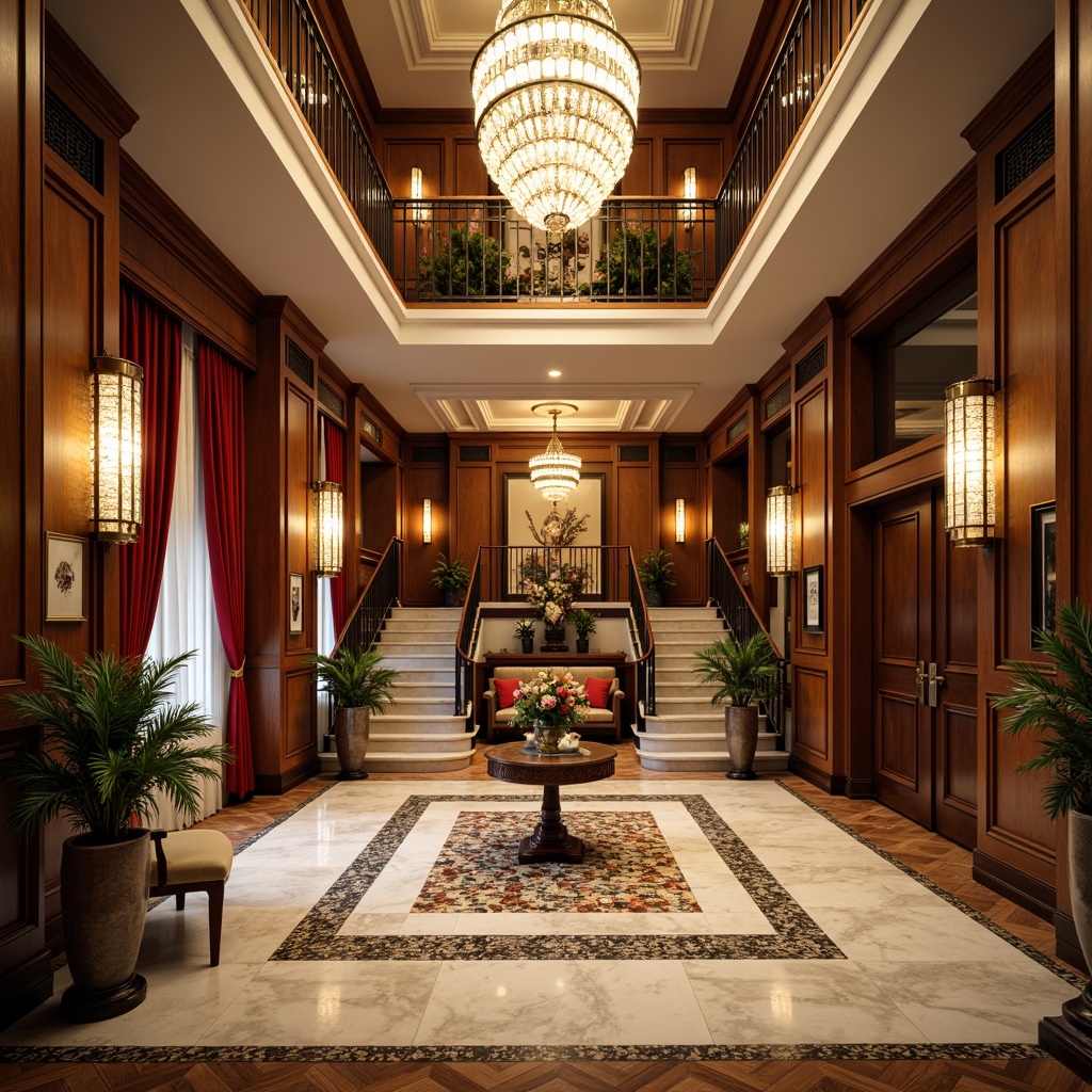 Prompt: Luxurious hotel lobby, neoclassical architecture, grand chandelier, marble flooring, intricate mosaic patterns, polished wood accents, ornate furnishings, elegant staircases, lavish drapery, rich velvet fabrics, warm golden lighting, subtle shadows, shallow depth of field, 1/2 composition, symmetrical framing, detailed textures, ambient occlusion.