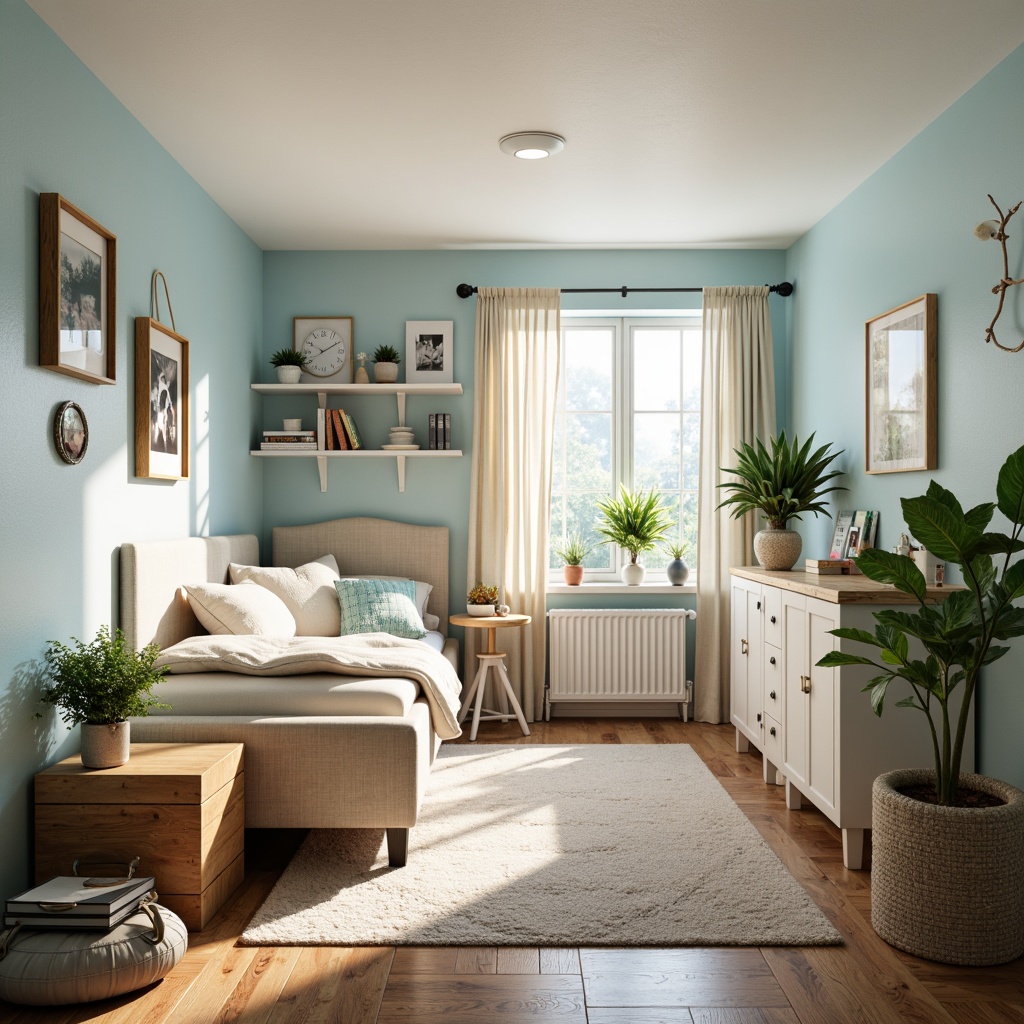 Prompt: Cozy dorm room, soft warm lighting, calming color palette, pale blue walls, creamy white furniture, natural wood accents, plush area rug, comfortable bedding, minimalist decor, greenery plants, industrial chic metal frames, rustic wooden crates, earthy tone ceramics, soft peach tones, gentle grey hues, warm beige textures, inviting ambiance, shallow depth of field, 1/2 composition, realistic rendering.