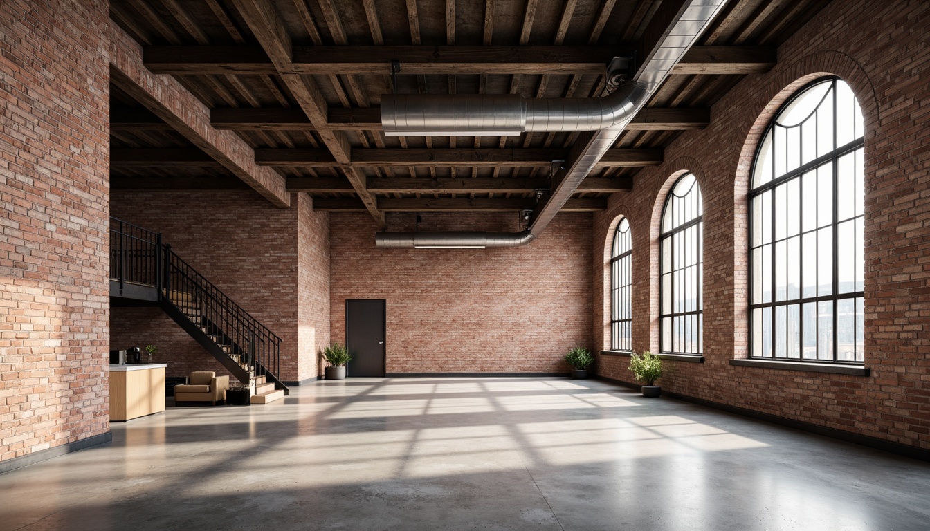 Prompt: Exposed brick walls, metal beams, reclaimed wood accents, industrial-style lighting fixtures, concrete floors, urban cityscape, modern warehouse conversion, open ceiling concept, functional pipes and ducts, distressed textures, minimalist color palette, neutral tone background, soft natural light, shallow depth of field, 1/1 composition, realistic renderings, atmospheric perspective.