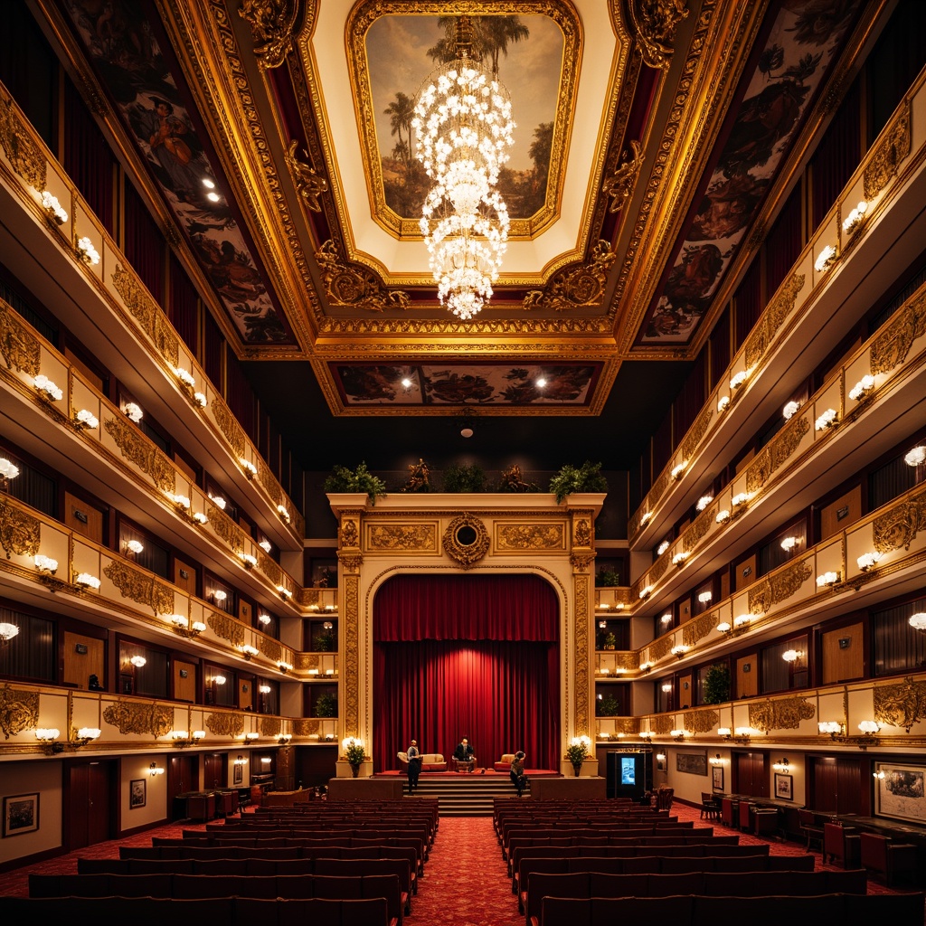 Prompt: Grand opera house, opulent velvet curtains, gilded balconies, ornate plasterwork, crystal chandeliers, intricate fresco ceilings, lavish red carpets, golden accents, majestic staircases, ornamental ironwork, richly patterned wallpaper, dramatic spotlights, warm soft lighting, 1/2 composition, low-angle shot, cinematic atmosphere, highly detailed textures, ambient occlusion.