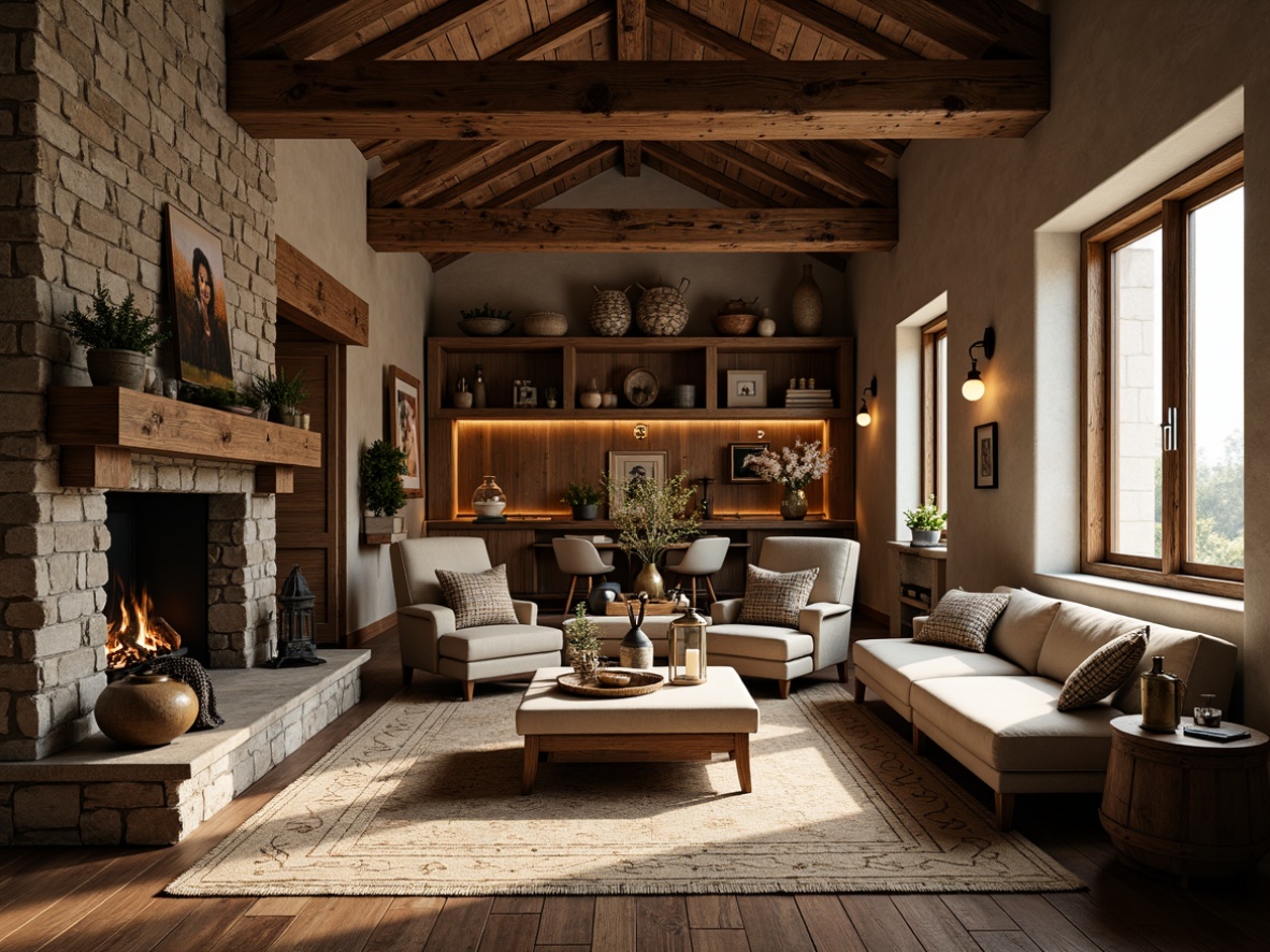 Prompt: Rustic interior, wooden accents, reclaimed wood beams, stone walls, earthy tones, natural textures, woven baskets, vintage decor, distressed finishes, metal lanterns, candles, cozy atmosphere, warm lighting, shallow depth of field, 1/1 composition, intimate scale, rustic furniture, plush throw blankets, woven rugs, nature-inspired patterns, wooden floorboards, exposed brick, industrial chic accents.Please let me know if this meets your expectations!