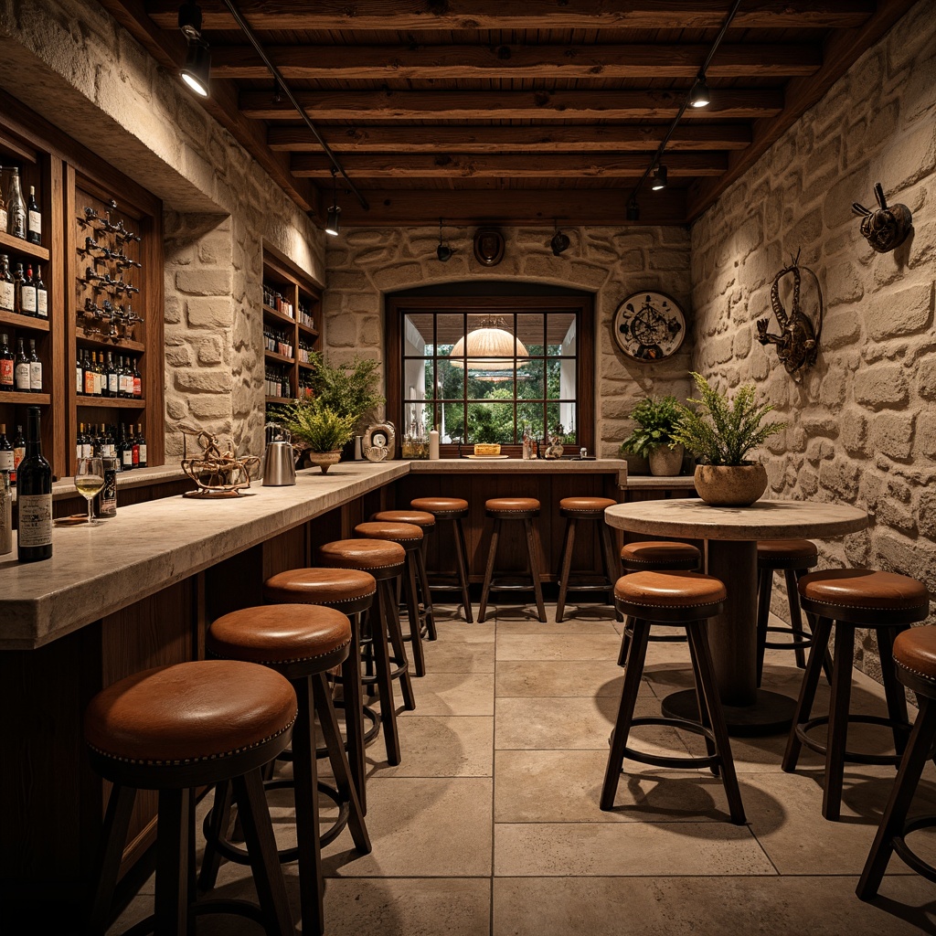 Prompt: Rustic home bar, natural stone walls, earthy tones, wooden accents, vintage metal decorations, dim warm lighting, cozy atmosphere, rough-hewn stone countertops, worn leather stools, rich wood grains, classic beer taps, wine racks, ambient shadows, shallow depth of field, 2/3 composition, realistic textures, warm color palette.