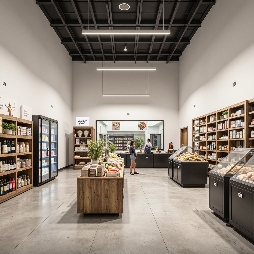 Prompt: Minimalist grocery store interior, clean white walls, polished concrete floors, modern wooden shelves, industrial metal racks, sleek glass display cases, subtle LED lighting, neutral color palette, simplified signage, functional layout, efficient checkout counters, natural stone accents, urban chic atmosphere, shallow depth of field, 1/1 composition, softbox lighting, realistic textures, ambient occlusion.