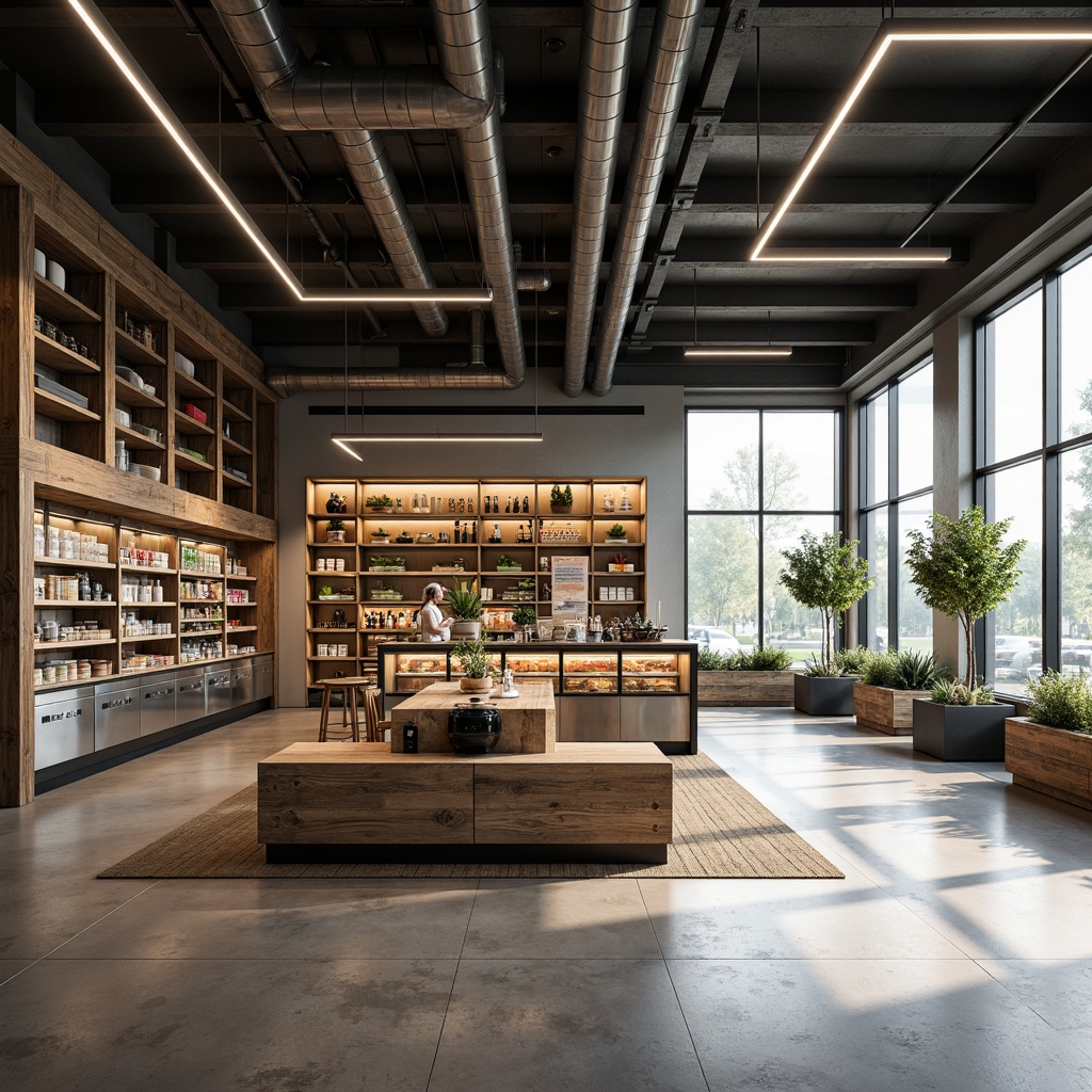 Prompt: Minimalist grocery store, industrial chic aesthetic, exposed ductwork, polished concrete floors, neutral color palette, softbox lighting, warm ambient glow, subtle accent lighting, suspended shelves, minimalist product displays, reclaimed wood accents, stainless steel fixtures, modern refrigeration units, urban loft-inspired atmosphere, natural light pouring in through large windows, 1/1 composition, high contrast ratio, dramatic shadows, realistic textures.