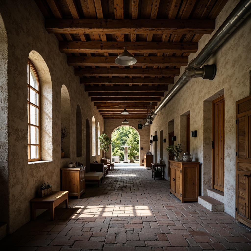 Prompt: Rustic monastery interior, exposed wooden beams, distressed stone walls, dimly lit atmosphere, industrial style metal pipes, reclaimed wood accents, minimalist decor, natural texture materials, earthy color palette, worn brick floors, arched windows, rustic wooden doors, spiritual ambiance, soft warm lighting, shallow depth of field, 1/2 composition, realistic textures, ambient occlusion.