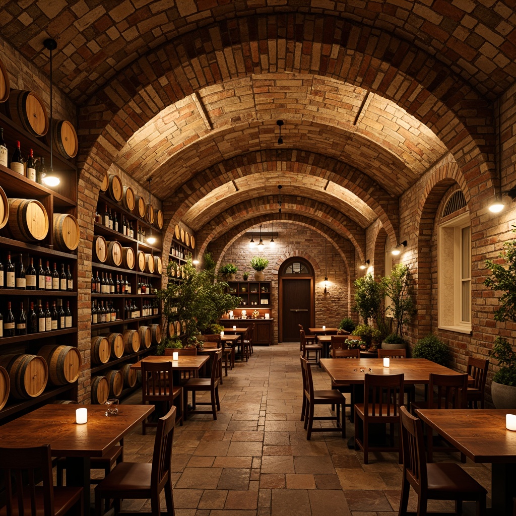 Prompt: Rustic wine cellar, stone walls, earthy tones, dim warm lighting, wooden barrels, wine racks, brick archways, vintage wine bottles, wooden tables, candlelight, soft shadows, natural textures, cozy atmosphere, intimate seating areas, rich wood accents, distressed finishes, Mediterranean-inspired decor, aged stone floors, ornate metalwork, ambient warmth, shallow depth of field, 1/2 composition.