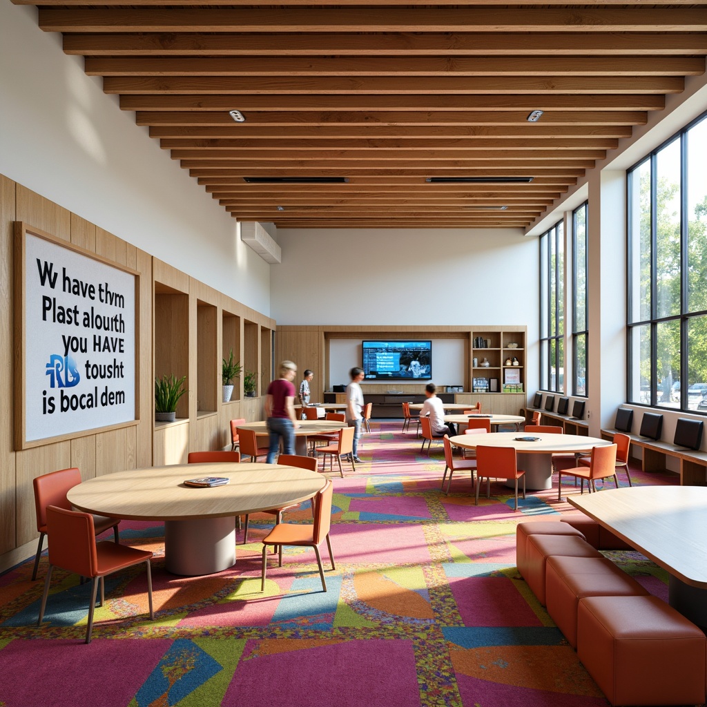 Prompt: Vibrant textile patterns, modern Middle School interior, streamline moderne style furniture, sleek wooden tables, ergonomic chairs, collaborative learning spaces, interactive whiteboards, inspirational quotes, natural wood accents, ample daylight, soft warm lighting, 1/1 composition, shallow depth of field, realistic textures, ambient occlusion.