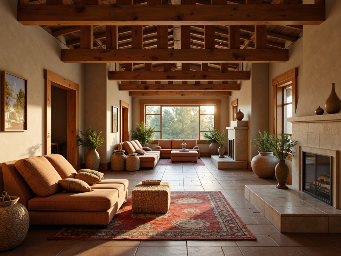 Prompt: Earthy hall, Craftsman-style interior, warm beige walls, rich wood accents, rustic wooden beams, plush area rugs, comfortable velvet sofas, natural stone fireplaces, earthy terracotta vases, woven wicker baskets, soft golden lighting, 1/2 composition, shallow depth of field, realistic textures, ambient occlusion, cozy atmosphere, inviting colors.