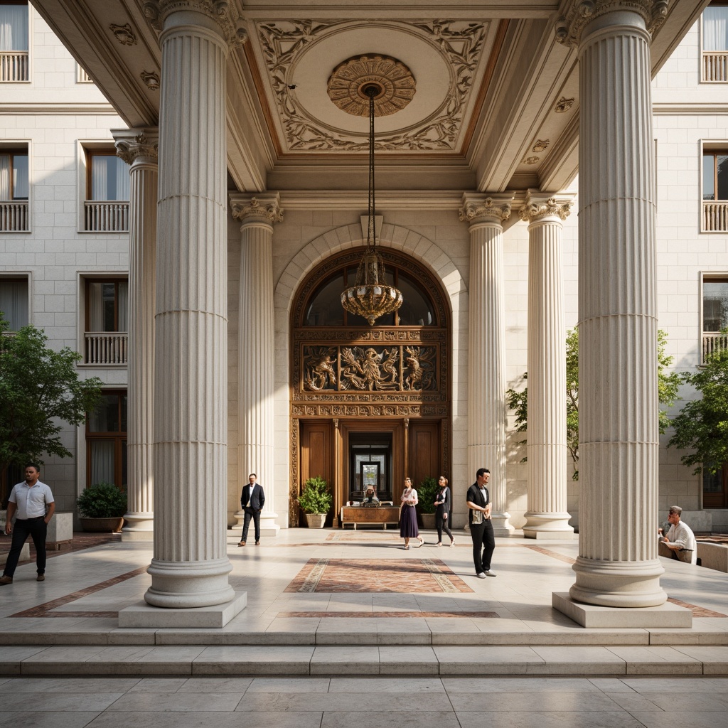 Prompt: Elegant office building, grand entrance, ornate columns, carved capitals, intricately patterned architraves, polished marble floors, creamy white walls, richly textured stucco, subtle warm lighting, shallow depth of field, 1/1 composition, symmetrical fa\u00e7ade, imposing scale, refined neoclassical details, ornamental metalwork, luxurious furnishings, sophisticated ambiance, busy urban surroundings, afternoon sunlight, soft focus effect.