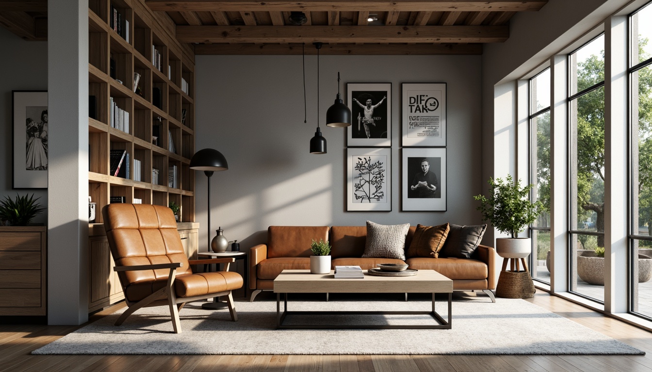 Prompt: Geometric wooden chair, tubular steel legs, leather cushions, minimalist coffee table, industrial metal lamps, functional bookshelves, monochromatic color scheme, bold typography, rectangular shapes, clean lines, open floor plan, natural light pouring in, 1/1 composition, high contrast lighting, realistic wood textures, ambient occlusion.