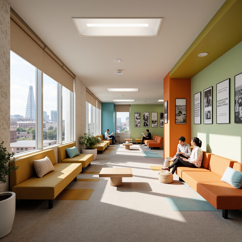 Prompt: Vibrant college dorm, modern furniture, calm atmosphere, soft pastel colors, creamy whites, warm beige tones, rich wood accents, comfortable textiles, natural light pouring in, large windows, urban cityscape views, bustling campus life, energetic youthful vibe, dynamic color blocking, bold accent walls, cozy reading nooks, collaborative study spaces, inspirational quotes, motivational wall art, lively corridor scenes, social gathering areas, eclectic decorative styles, playful pattern mixes.