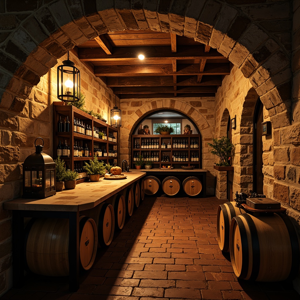 Prompt: Rustic wine cellar, stone walls, earthy tones, dim warm lighting, wooden barrel racks, vintage wine bottles, metal lanterns, arched doorways, brick flooring, natural stone countertops, wrought iron decor, cozy atmosphere, soft focus, shallow depth of field, 1/2 composition, moody ambient lighting.