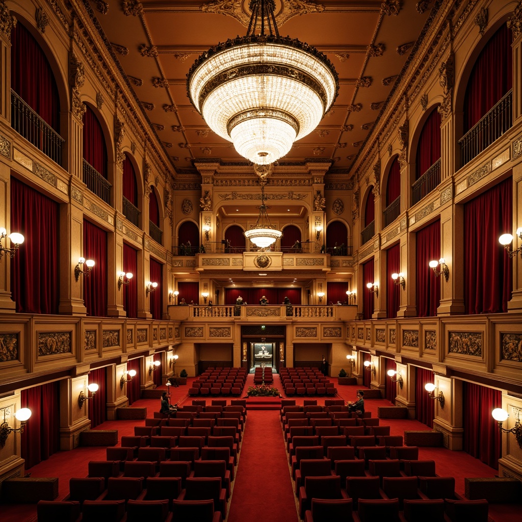 Prompt: Grand auditorium, ornate chandeliers, rich velvet curtains, wooden paneling, intricate carvings, golden accents, classic columns, archways, red carpeted aisles, plush theater seats, balcony seating, dramatic spotlights, soft warm lighting, shallow depth of field, 2/3 composition, symmetrical framing, luxurious fabrics, ornate moldings, vintage decorative elements, traditional architectural details.