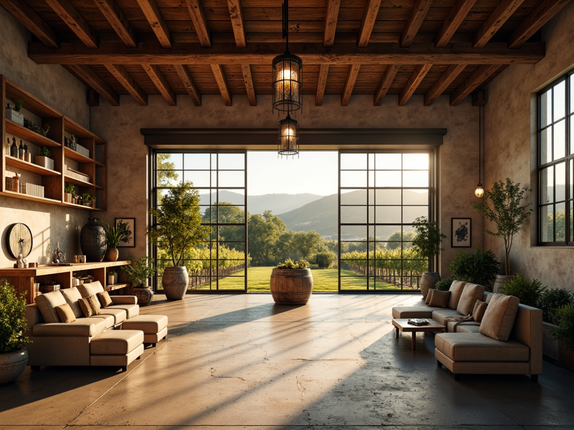 Prompt: Rustic winery, open floor plan, high ceilings, wooden beams, industrial chic decor, metal accents, stone walls, concrete floors, large windows, natural light, vineyard views, rolling hills, countryside landscape, warm afternoon sun, soft golden lighting, shallow depth of field, 1/1 composition, realistic textures, ambient occlusion.