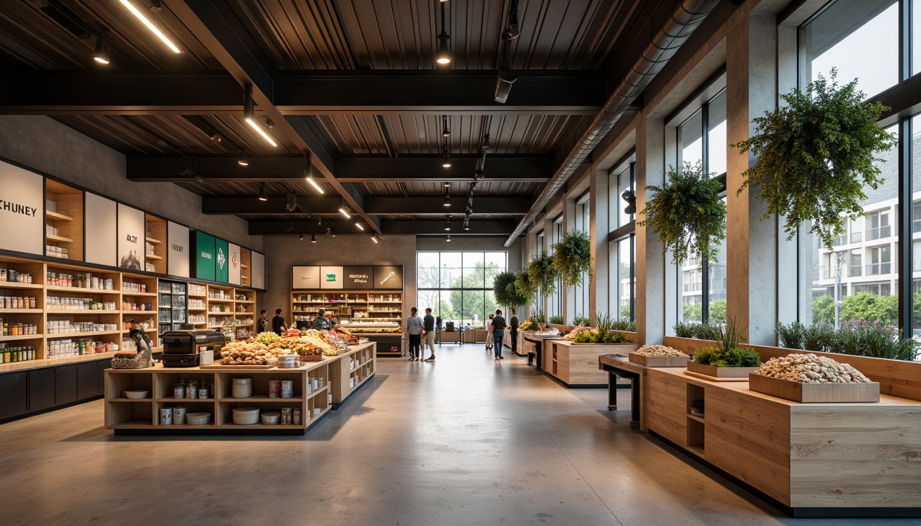 Prompt: Minimalist grocery store, clean lines, industrial chic aesthetic, polished concrete floors, reclaimed wood accents, neutral color palette, subtle ambient lighting, warm softbox lights, LED strip lights, track lighting, high ceilings, open shelving, modern product displays, natural stone walls, urban loft atmosphere, early morning light, soft focus, shallow depth of field, 2/3 composition, realistic textures, ambient occlusion.