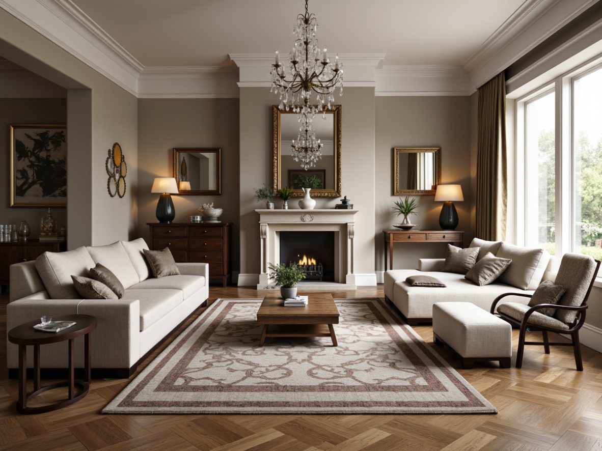 Prompt: Elegant living room, neutral color palette, plush throw pillows, patterned rugs, sophisticated furniture pieces, refined wood tones, metallic accents, crystal chandeliers, ornate mirrors, subtle textures, soft warm lighting, cozy atmosphere, 1/1 composition, shallow depth of field, realistic renderings.