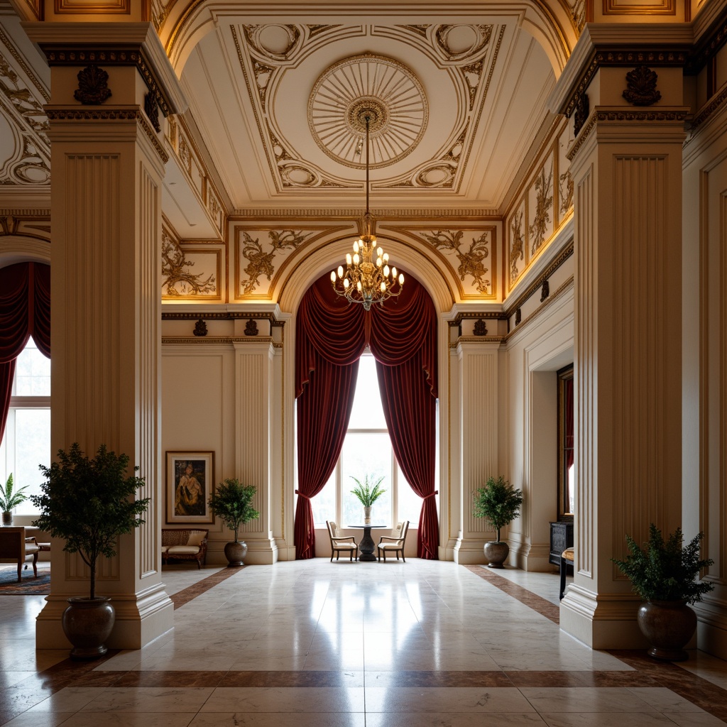 Prompt: \Grand foyer, high ceilings, ornate moldings, marble flooring, decorative pilasters, classical columns, intricate carvings, gilded accents, soft warm lighting, shallow depth of field, 3/4 composition, symmetrical arrangement, ornamental plasterwork, luxurious velvet drapes, rich wood paneling, elegant archways, sophisticated color palette, subtle texture variations.\