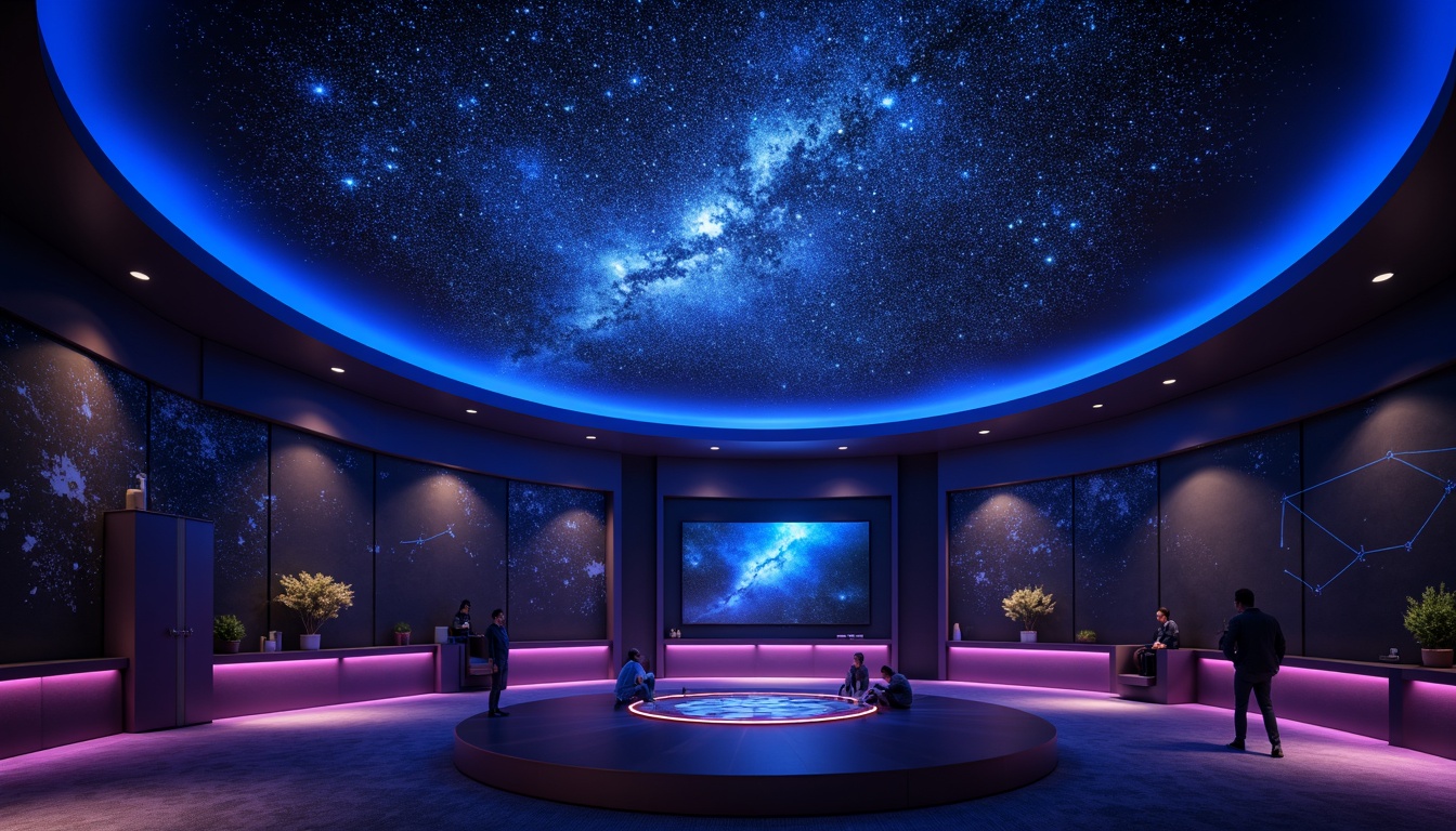 Prompt: Cosmic planetarium interior, dark blues and purples, twinkling starry night sky, 3D dome ceiling projection, immersive cinematic experience, futuristic LED lighting, color-changing ambiance, fiber-optic starlight, neon-lit constellation patterns, soft glow accents, subtle gradient effects, dynamic luminescent walls, ambient shadowing, realistic astronomical projections, high-contrast ratio, cinematic widescreen format, 180-degree panoramic view, advanced projection mapping technology.