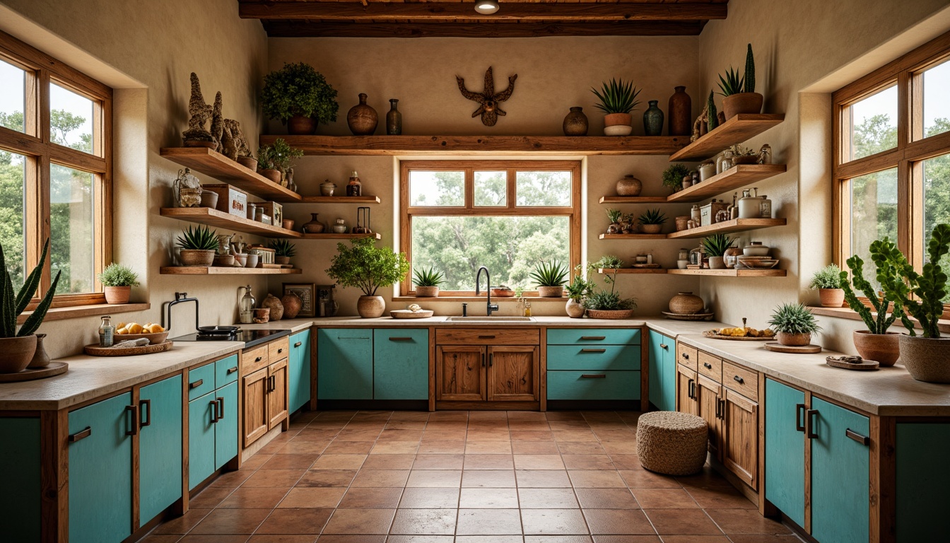 Prompt: Southwestern style laboratory, rustic wooden cabinetry, turquoise accents, earthy tones, natural stone countertops, reclaimed wood shelving, metallic hardware, industrial lighting fixtures, distressed finishes, warm beige walls, terracotta floor tiles, potted cacti, desert botanicals, soft warm lighting, shallow depth of field, 3/4 composition, realistic textures, ambient occlusion.