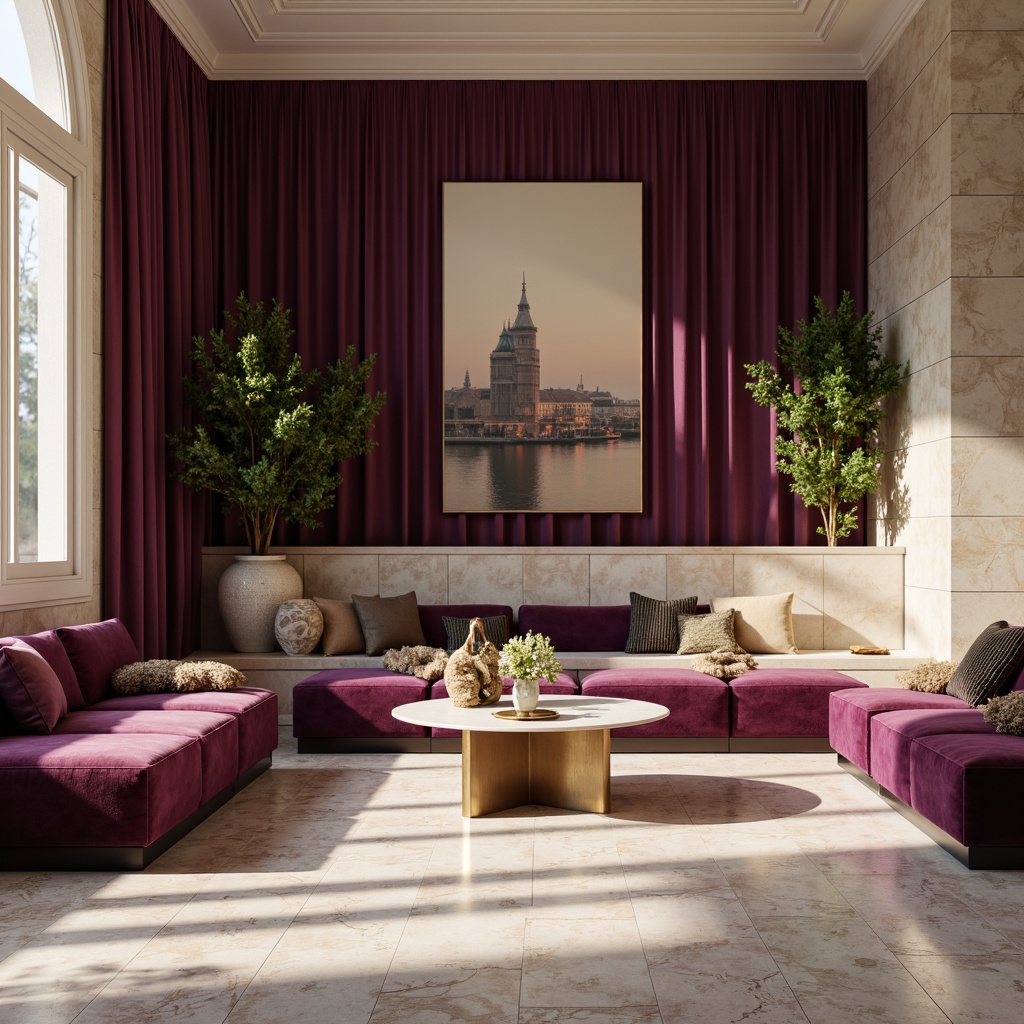 Prompt: Rich plum purple, warm beige accents, soft sage greenery, creamy white marble, subtle gold metallic, natural wood textures, elegant ornate details, luxurious velvet fabrics, sophisticated modern furniture, ample natural light, warm gentle shadows, shallow depth of field, 1/1 composition, realistic renderings, ambient occlusion.