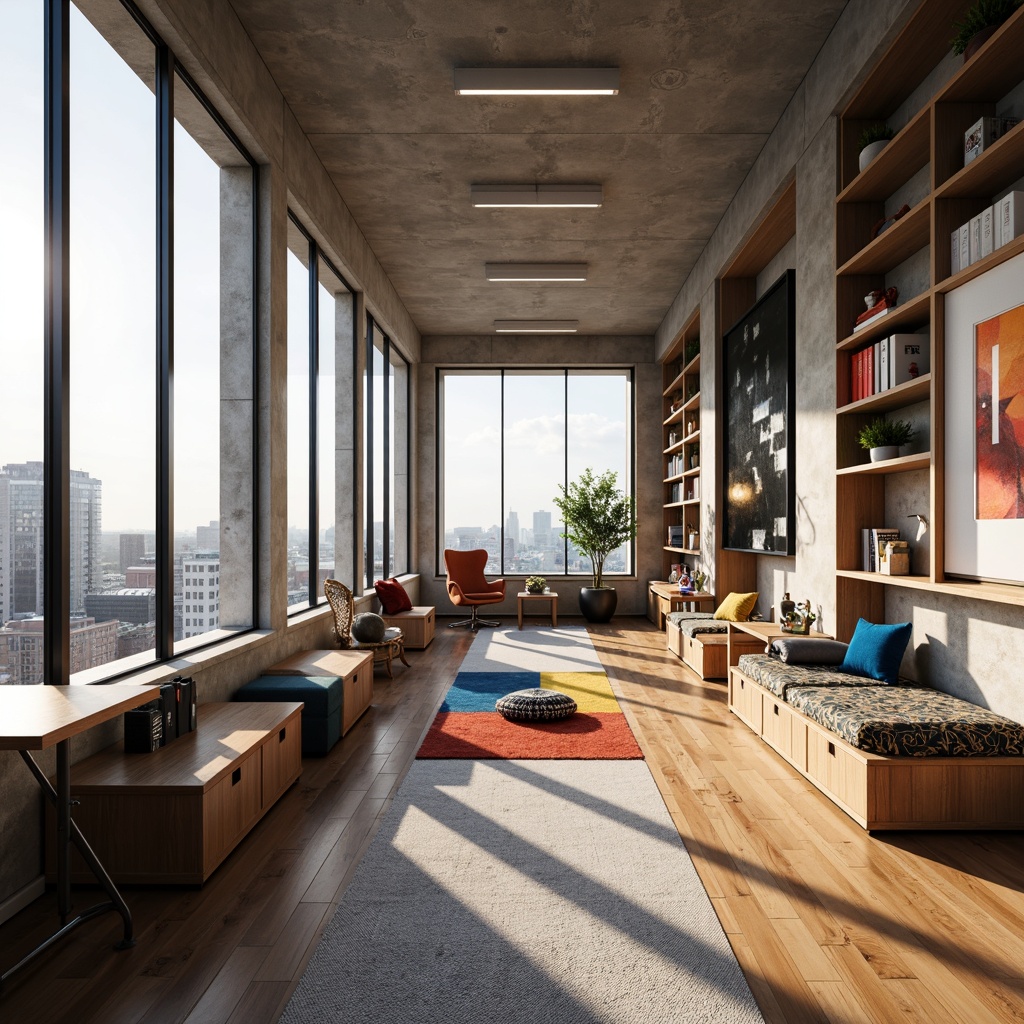 Prompt: Modern dorm room, minimalist decor, sleek metal frames, floor-to-ceiling windows, natural light, wooden flooring, geometric patterns, bold color accents, compact furniture, space-saving storage, ergonomic chairs, adjustable desks, cozy reading nooks, industrial-style lighting, urban city views, concrete walls, abstract artwork, functional shelving, built-in cabinetry, Scandinavian-inspired design, calm atmosphere, soft warm glow, shallow depth of field, 1/1 composition, realistic textures.