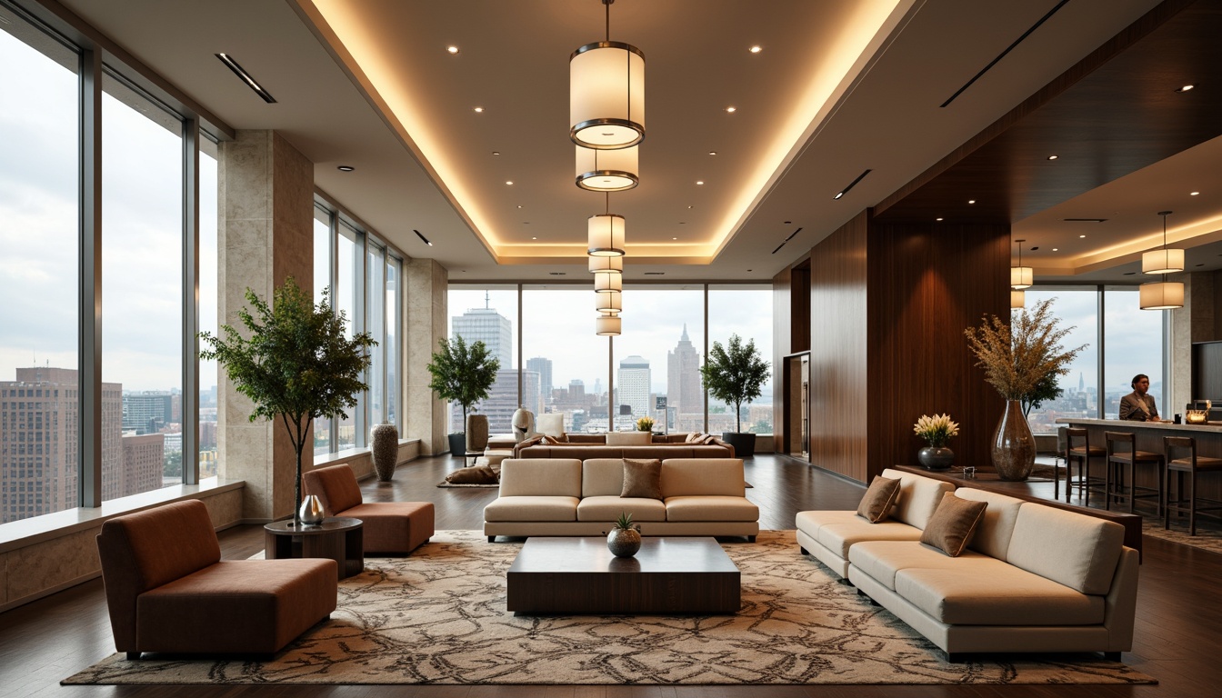 Prompt: Streamlined modern interior, sleek chrome fixtures, minimalist pendant lamps, frosted glass shades, cylindrical shapes, LED strip lighting, recessed ceiling lights, polished nickel finishes, luxurious fabrics, tufted upholstery, low-profile sofas, geometric patterned rugs, warm beige walls, rich wood accents, floor-to-ceiling windows, urban city views, soft diffused light, 1/1 composition, shallow depth of field.