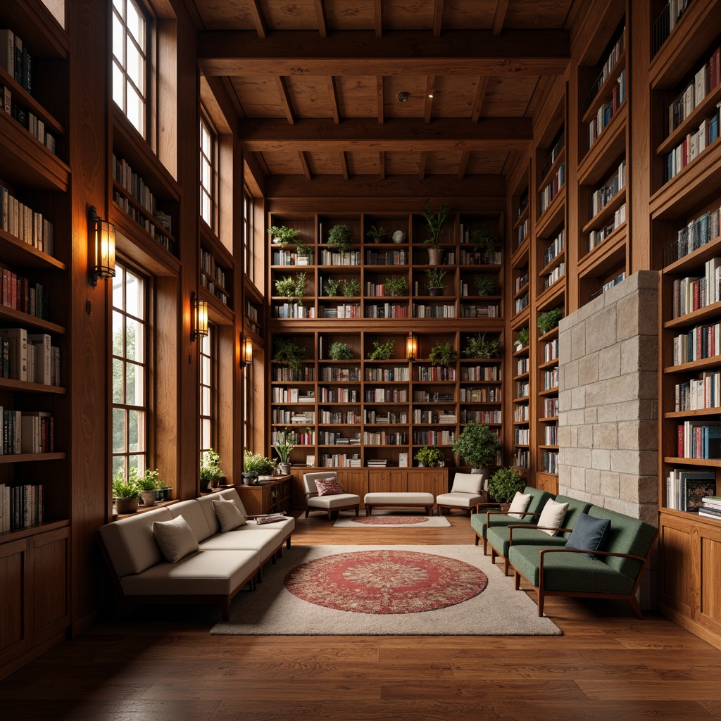 Prompt: Quiet library atmosphere, warm wooden flooring, rich walnut tones, soft carpeted areas, comfortable reading nooks, tall bookshelves, natural stone accents, elegant lantern-style lighting, cozy study corners, acoustic soundproofing, subtle texture variations, 1/2 composition, softbox lighting, realistic material reflections.