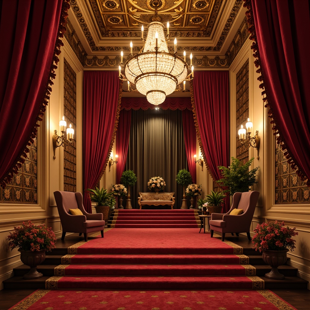 Prompt: Luxurious velvet curtains, ornate golden fixtures, grand chandelier, red carpet, tiered seating, plush armchairs, wooden paneling, intricate moldings, Baroque-inspired ornaments, lavish drapery, crystal sconces, opulent textiles, majestic high ceiling, dramatic spotlights, warm beige walls, soft diffused lighting, 1/2 composition, intimate atmosphere, realistic fabrics, ambient occlusion.