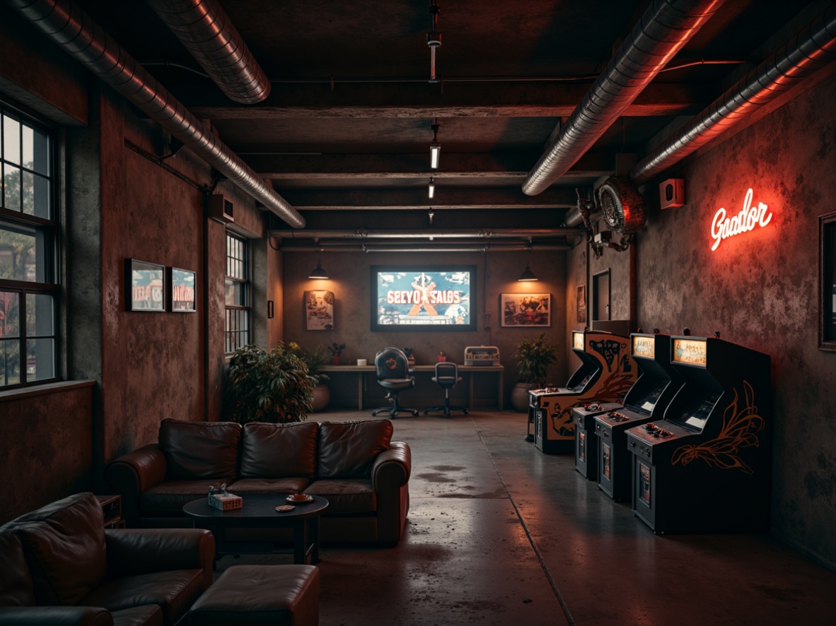 Prompt: Dark concrete walls, industrial metal beams, exposed ductwork, neon-lit signs, vintage arcade machines, worn leather couches, dimly lit atmosphere, gritty urban landscape, abandoned factory setting, cold harsh lighting, shallow depth of field, 2/3 composition, cinematic camera angles, realistic textures, ambient occlusion, retro-futuristic color palette, muted earth tones, bold neon accents.