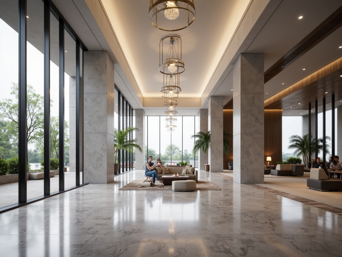 Prompt: Minimalist hotel lobby, sleek lines, monochromatic color scheme, polished marble floors, modern chandeliers, geometric patterns, sparse furniture, low-profile sofas, minimalist coffee tables, floor-to-ceiling windows, abundant natural light, subtle textures, ambient lighting, 3/4 composition, shallow depth of field, panoramic view, realistic renderings.