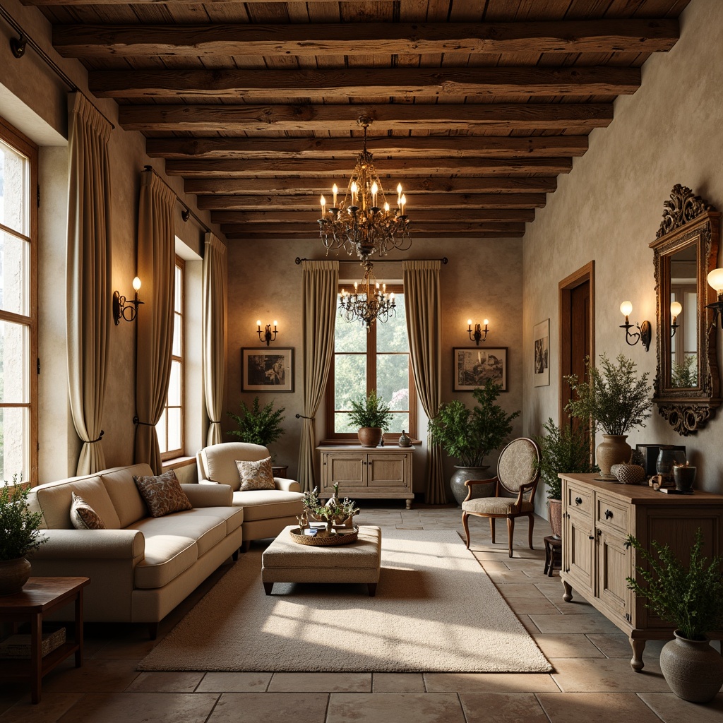 Prompt: Rustic French country villa, distressed wooden beams, vintage stone walls, ornate metalwork, soft candlelight, elegant chandeliers, luxurious velvet drapes, refined lace curtains, antique furnishings, carved wooden furniture, ornamental vases, fresh flower arrangements, natural stone flooring, earthy color palette, warm beige tones, soft golden lighting, shallow depth of field, 1/2 composition, intimate atmosphere, realistic textures, ambient occlusion.