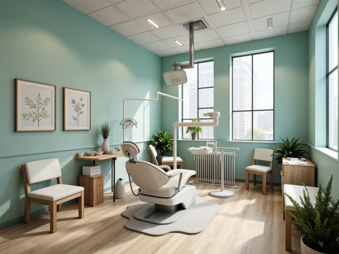 Prompt: Soft mint walls, calming blue accents, warm beige floors, natural wood furniture, minimal decor, industrial lighting fixtures, modern dental equipment, stainless steel surfaces, clean lines, Nordic-inspired patterns, gentle color contrasts, soft focus, shallow depth of field, 1/1 composition, realistic textures, ambient occlusion.