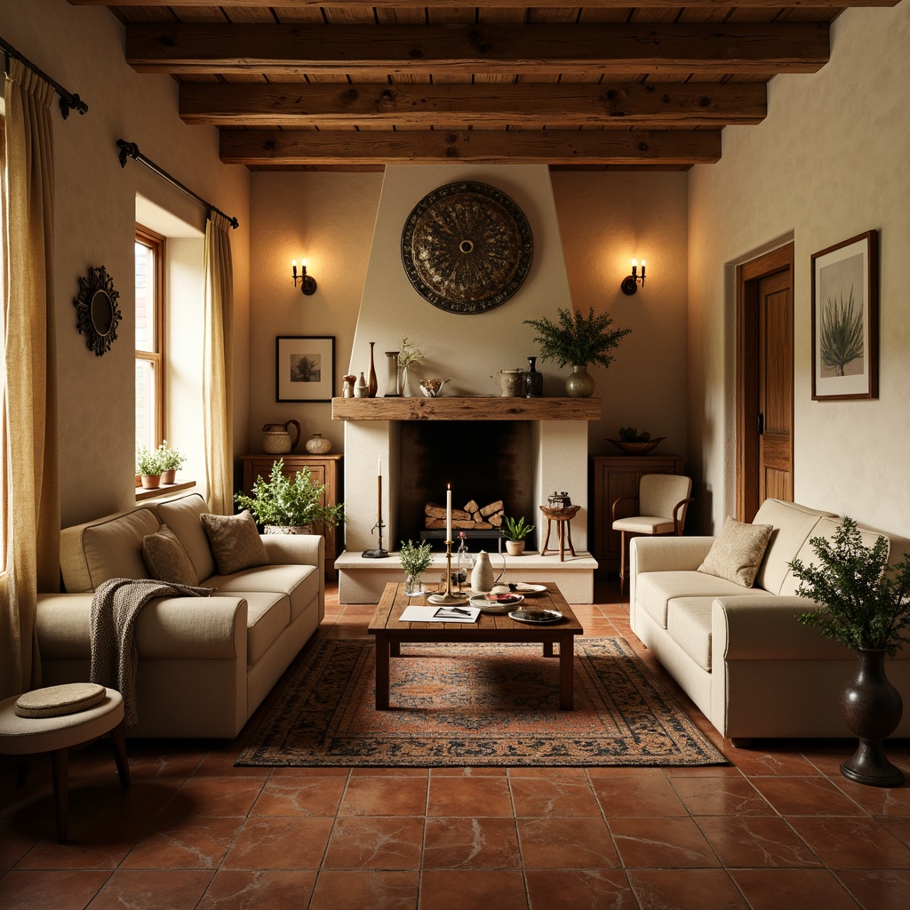 Prompt: Rustic farmhouse, warm beige walls, distressed wood accents, vintage metal decorations, soft candlelight, cozy textiles, natural linen fabrics, earthy terracotta floors, reclaimed wooden beams, classic brick fireplaces, warm golden lighting, shallow depth of field, 1/1 composition, intimate atmosphere, realistic textures, ambient occlusion.